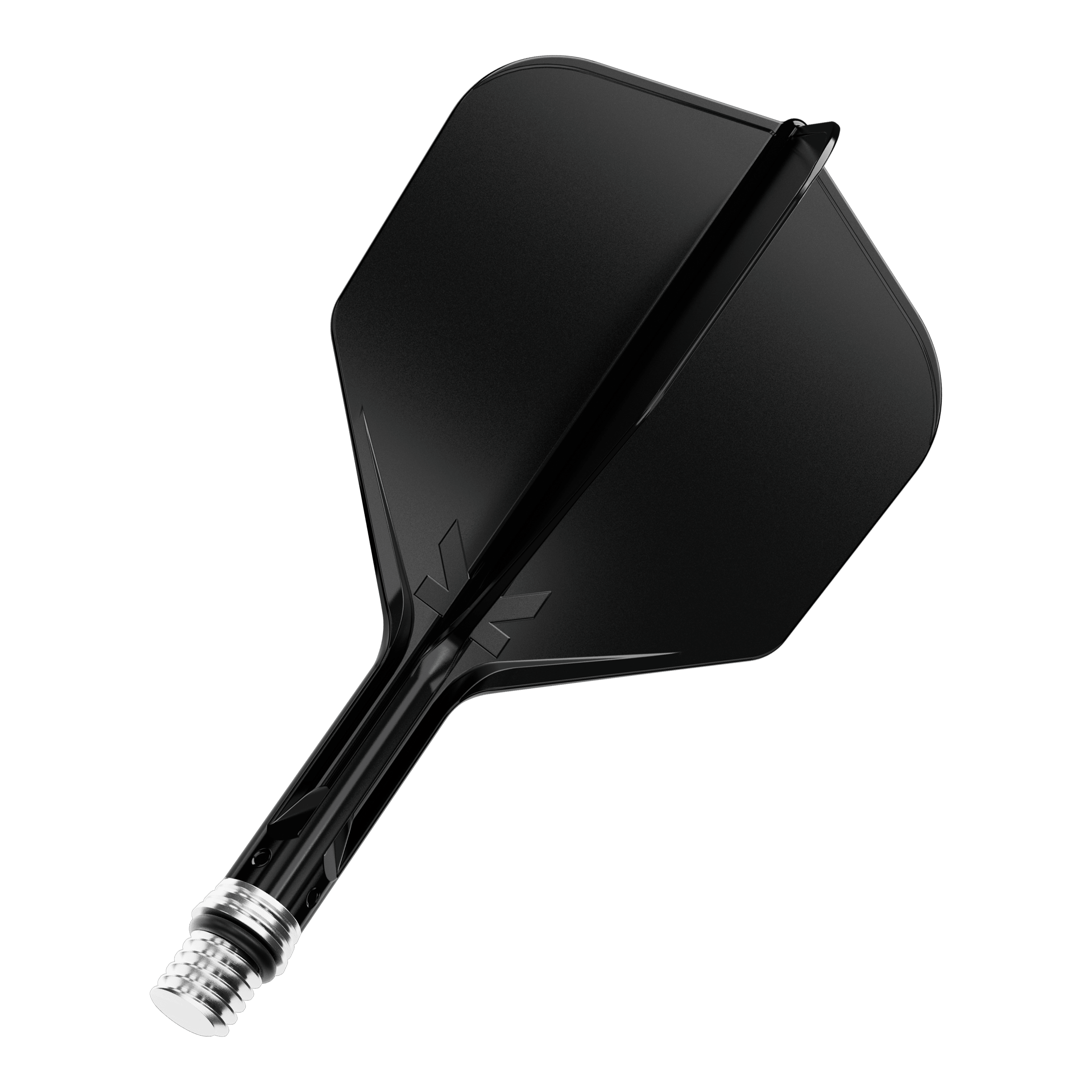 Gezeigt ist ein einzelner Dart Flight in Schwarz, Modell KShift No6, 19mm. Es ist ein Zubehörteil von Target.